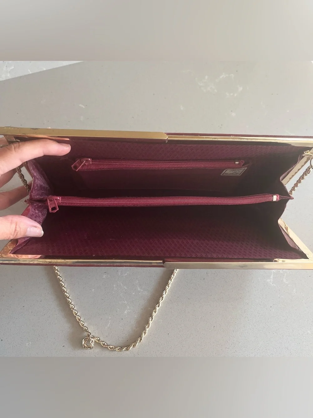 Vintage Genuine Eel Skin Clutch Cocktail Purse Chain Strap Wallet Burgundy Korea